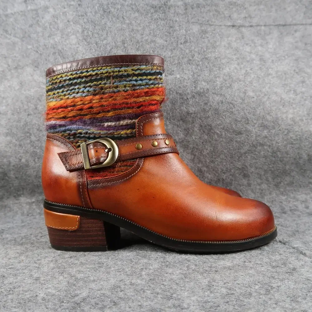 Spring Step L'Artiste Shoes Womens 37 Bootie Leather Knit Fashion Zip Stud Brown